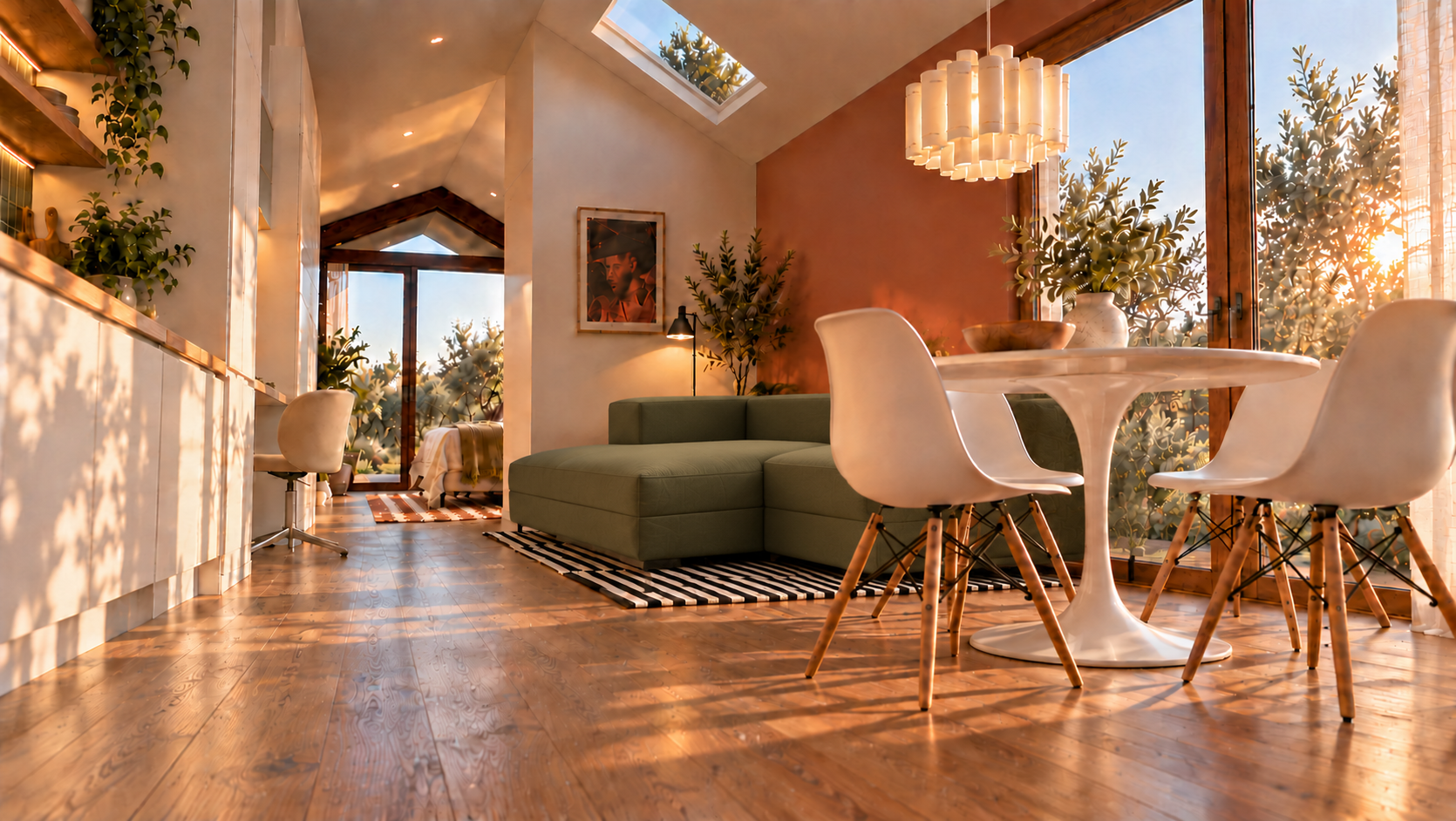 Sala com sofá modular verde-oliva